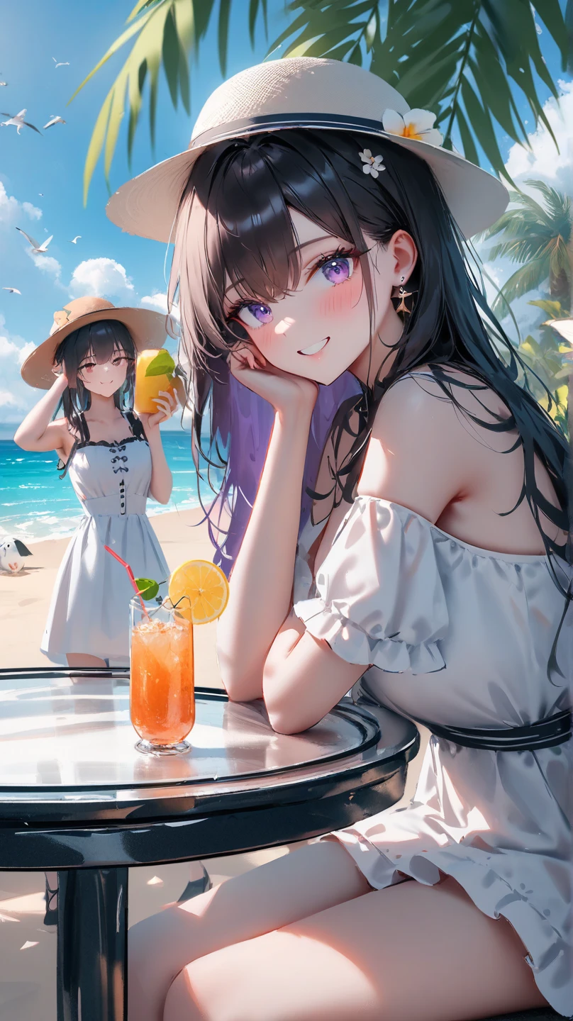 masterpiece,best quality,high quality,(colorful),Cool color tone, ****,1girl, hat, outdoors, smile, solo, long hair, dress, black hair, white dress, table, tree, palm tree, looking at viewer, day, sky, hair ornament, food, bare shoulders,glass coffee table, purple eyes, blush, cleavage, fruit, cloud, blue sky, beach, breasts, hair between eyes, drinking glass, cup, grin, ocean, drinking straw, sun hat, straw hat, elbows on table, lemon slice, bird, head rest, teeth, chair, flower, water, drink, lemon, palm leaf, earrings, sitting, blue eyes, blurry, frills, off shoulder, elbow rest,[Artist NIXEU,Artist z282g,artist\:kedama milk,Artist hanekoto,Artist\:jima,Artist hiten \(hitenkei\),Artist toosaka asagi,artist wlop,Artist\:agwing86,nai3 Style,artist Alens,]
