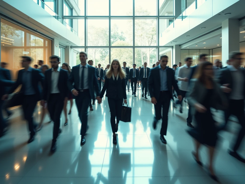 Long exposure shot of crowd of business people walking in bright office ...