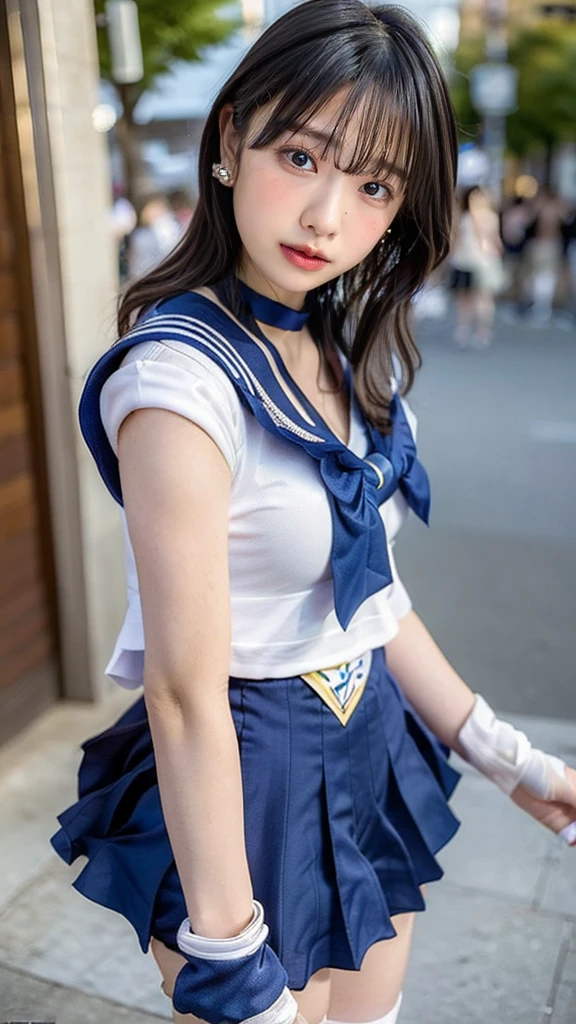 (((Best Quality))), ((masterpiece)), ( Details), ((Alone)), (((((( A girl in a Sailor Mercury costume)))))),  (((Slender body,:1.4,Large Breasts,Big Ass,Slim and narrow waist,Thick thighs,Toned, slender legs))),( Camel Toe ,Camel hoof), ((  glowing skin  , white skin,  glowing skin  )), Mysterious Light, ((((  angle capturing face and whole body )))), ((( well-groomed face ))), ((Big Eyes)), ((((((Droopy eyes)))))), ((((Close your eyes)))), (( at random angles )), ((((Accurate anatomy)))),   perfect makeup , eyeshadow, earrings with cups, necklace , ((( Dynamic Poses ))),(((blue hair,  tiara ,  Sailor Warrior Uniform,  blue sailor color , bow, Knee-high boots,  choker, White gloves, blue  choker, elbow gloves,  JEWELRY,  earrings with cups,   blue skirt  ))),(( random sexy pose)),