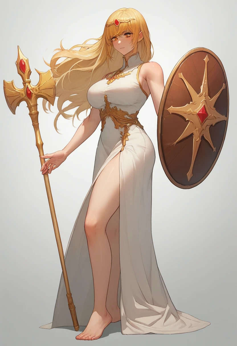 19 yo, ( girl), (anime girl with long blonde straight smooth hair braidstrands and curtain-bangs:1.5), a saint/shield-bearer white-gold bareshoulders dress, simple golden-circlet, a priestess with amber eyes, anime moe artstyle, waifu, (mature woman with lean perfection abdomen:1.5), sweet sweet mommy's expression, blushing confident, (Droopiest Gigantic Largest), (1 arm behinds head - swaying hair), Curvy body, legs apart, (holding a Saint Staff on one hand and a Holy Shield on another hand:1.2), BREAK, simple white background, side view full body shot, (Smooth shading), subtle highlights, warm & soft pallette, polished painterly look, moe anime-style final fantasy brave exvius wars of the vision digital artstyle, character illustration style, character sheet, 2.5D, 128K UHDR Best Quallity