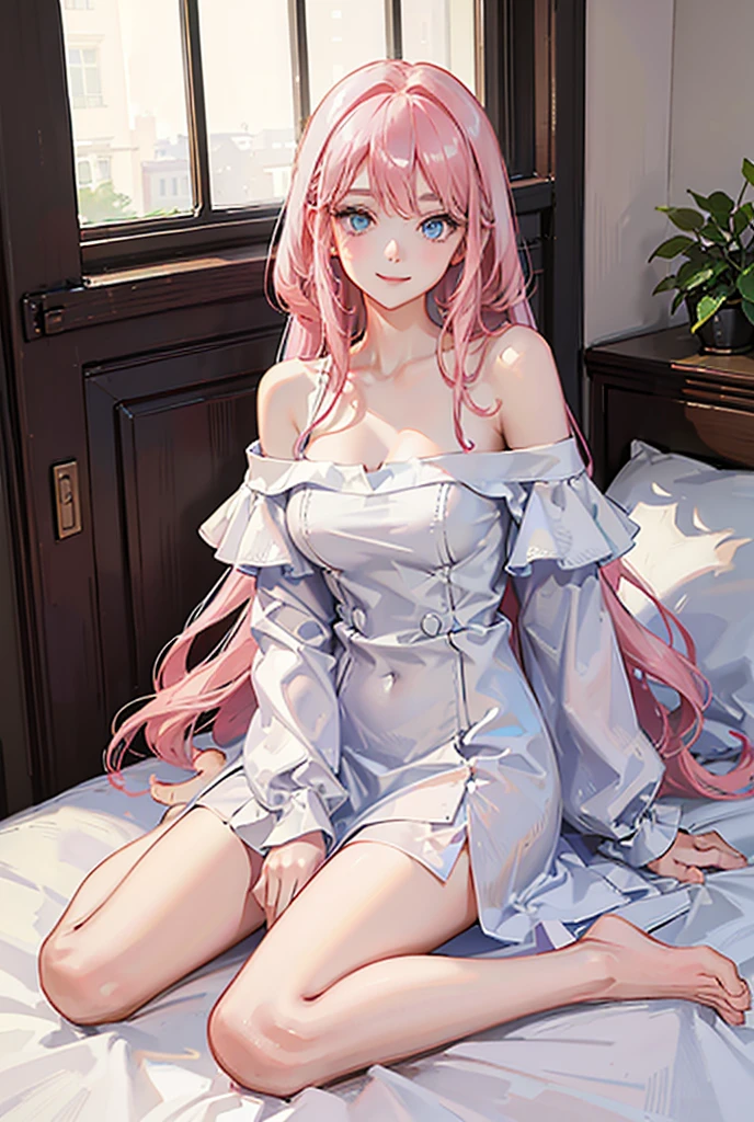 (One Girl), (Solo: 2.0), Photorealistic, Ultra Fine Illustration, Beautiful Charming Anime Girl, Super Detail, Smile, Beautiful Blue Eyes, Beautiful Proportions, Megurine Luka, Pink Hair, Lying in Bed, Gentle Look, Seductive Anime Girl, See-Through Nightgown,