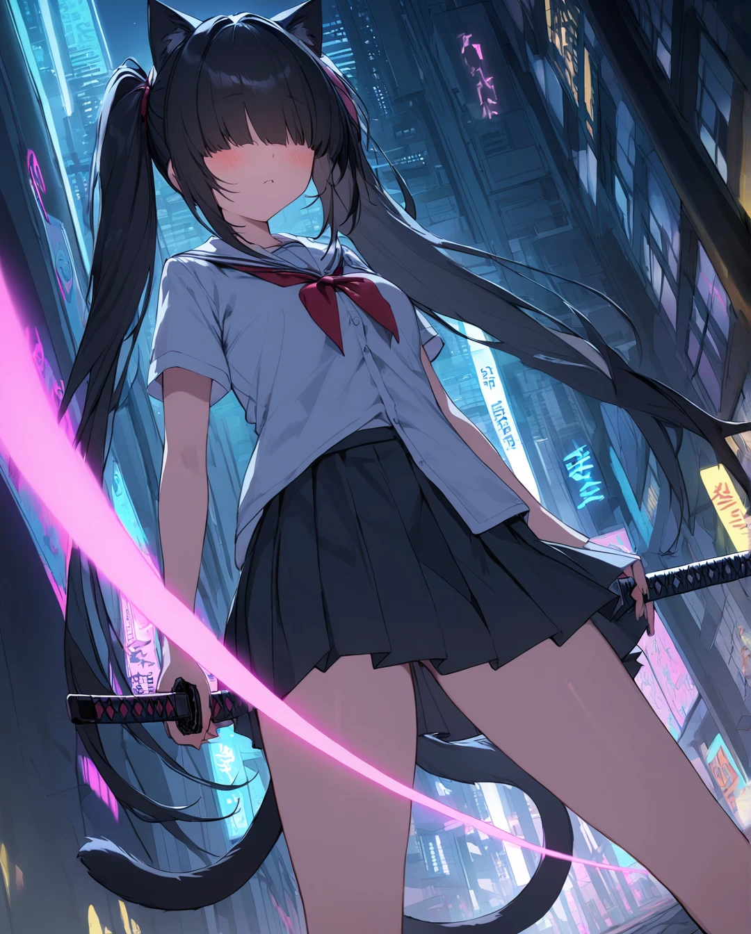 1girl,dramatic angle,blush,(no eyes,hair over eyes,very long black hair,twintails),(cat ears,cat tail),school uniform,short sleeve shirt,bright colors,4k,complex details,maximum quality,Dull dark graffiti outline,beautiful skin,iaidow,weapon, katana, holding sword, ready to draw,cyberpunk city,(during night),Neon light