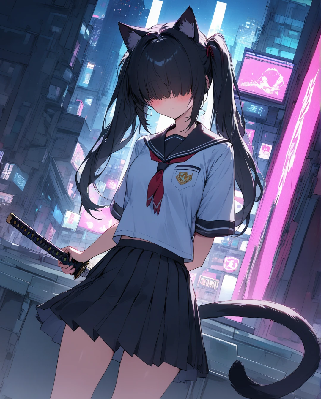 1girl,dramatic angle,blush,(no eyes,hair over eyes,very long black hair,twintails),(cat ears,cat tail),school uniform,short sleeve shirt,bright colors,4k,complex details,maximum quality,Dull dark graffiti outline,beautiful skin,iaidow,weapon, katana, holding sword, ready to draw,cyberpunk city,(during night),Neon light