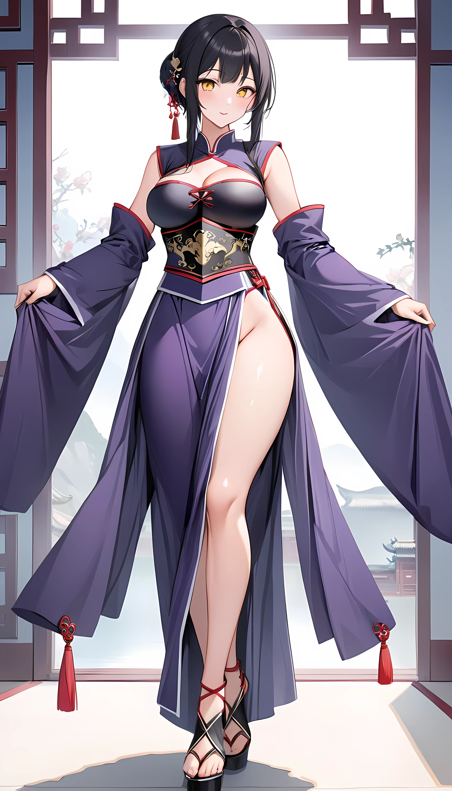 Best Quality、masterpiece、 ultra high resolution 、solo、 One Woman 、China、armor、breastplate、Toraigashiki 、 Fort in the People's Republic of China 、Diao Chan、Yellow Eyes、 Princess Ryofu's Army &Heroine、紫のarmor/Purple Armor 、 Plump Gravure Body、 Hanfu arranged in a modern style、Black Hair、Standing with your legs apart&Leg spread、 stepping on its feet 、outbreak of war、Conch shell 