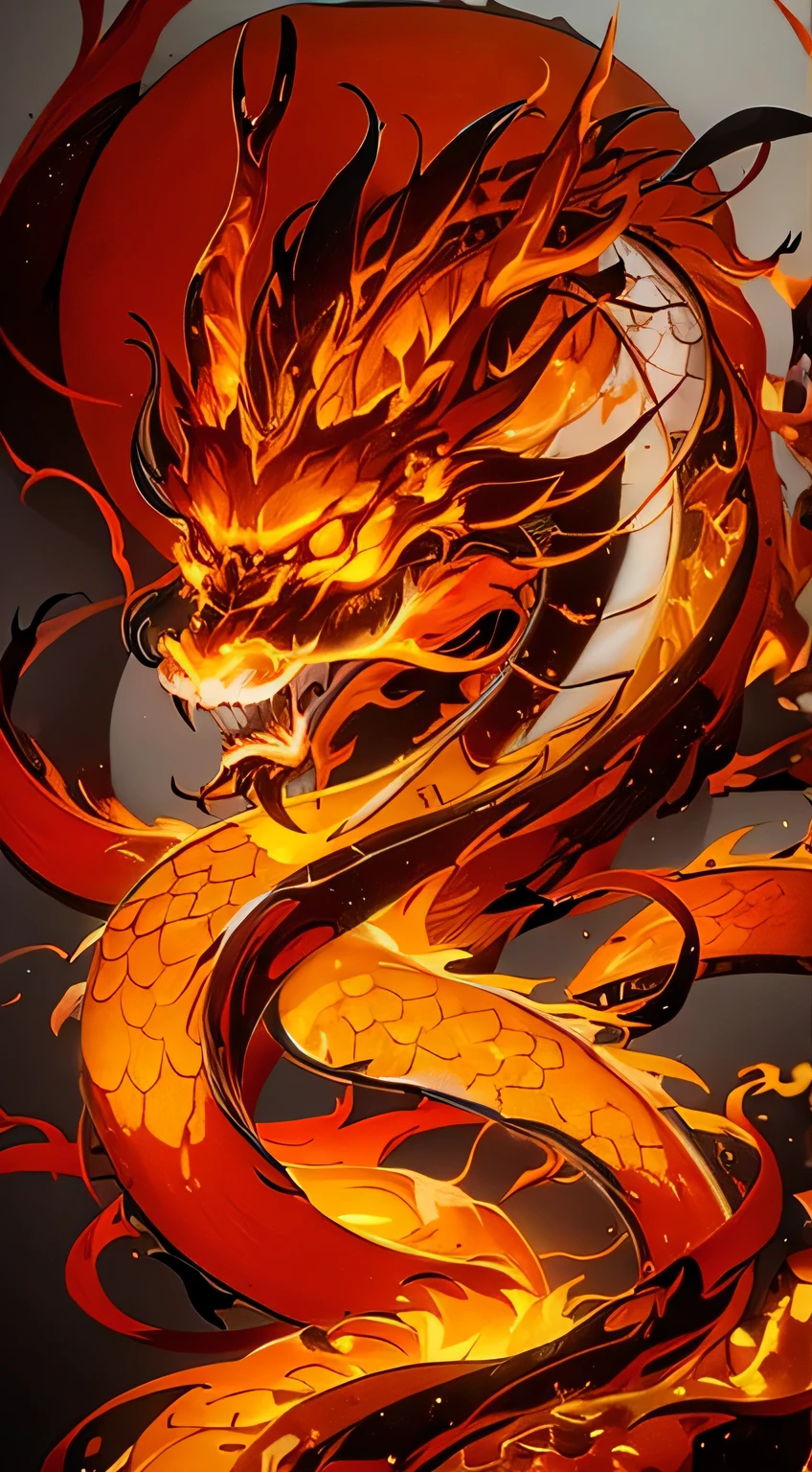 Dragon made of pure fire turned slightly to the right, made of pure fire, facing slightly to the right, close up, red dragon, dragon extremely close to the viewer, open mouth, Chinese Dragon,