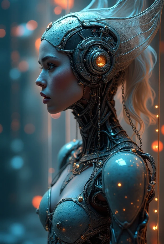 A cyborg girl stands in the center of a large bright studio and is engaged in creating her self-portrait on canvas. She is depicted in all her majestic beauty and elegance. Her metallic skin reflects the light, creating a play of hues and highlights like an expensive piece of jewelry. Her long metal hair frames her face, giving her a mysterious and alluring look. Her bright eyes, in which light shimmers, stare straight ahead with confidence and the strain of creative inspiration. The cyborg girl is depicted in a graceful pose, showing off her grace and strength as well as the fine workings of her mechanical limbs. Her hands hold brushes and are immersed in the creative process of creating a stunning work of art. The outline of the self-portrait she is creating with oil paints is already outlined on the canvas. The drawing begins to come to life under her dexterous fingers, gaining depth and volume, and the coating of color fills the canvas with bright hues and rich colors. This entire moment is captured in a gorgeous and amazing scenario that combines the beauty of art, power and technological advancement to make the cyborg girl a unique and inspiring image.