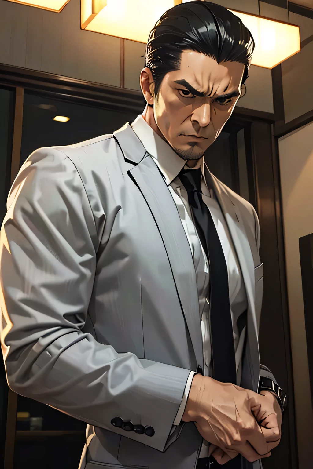 Top quality, detailed face, top quality, detailed illustration, 1 man, 40 years old, mature man, Japanese, yakuza, very sharp eyes, slicked back hair, black hair, muscular, black luxury suit, (gray shirt), black tie, luxury watch, ruthless expression, intimidating atmosphere