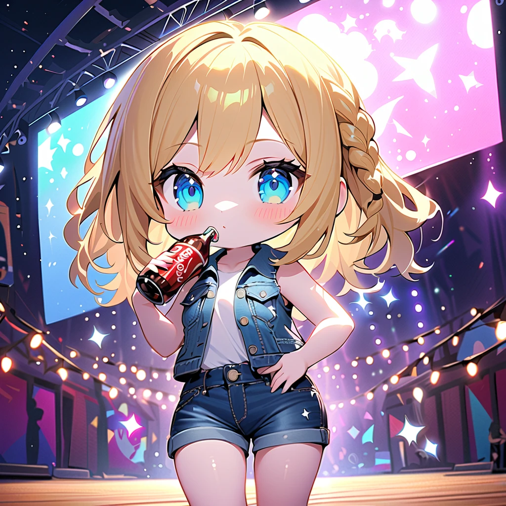 1girl, chibi, cute, pale skin, blonde medium length hair, braids, big droopy aqua eyes,
outdoor stage, drinking cola, sleeveless denim jacket, denim shorts,
put one hand on hips, countless sparkle, thick fog, colorful lighting,
pastel, dark fantasy, masterpiece, best quality, hyper detailed,