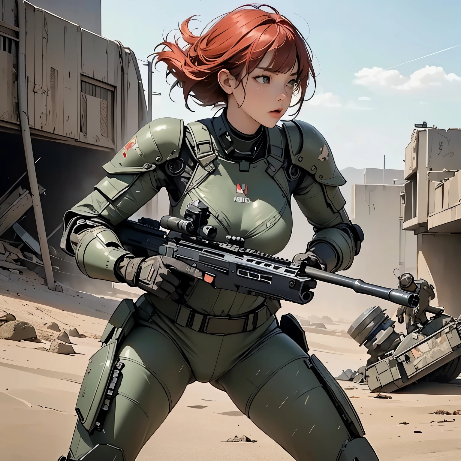 nsfw, anime screencap, 16K, perfect anatomy proportion body, perfect hands, action, A dynamic composition with a sense of speed and movement, (Hold an assault rifle:1.6), a wife, 40age, perfect beautiful delicate sexy face, perfect beautiful delicate slanted eyes, red hair, swept bangs pixie cut, medium breasts, abs, Camouflage-colored heavy armored steam engine full armor powered suit, Many heavily armored robot soldiers are engaged in a firefight in the background., Flying bullets, Ruined ancient city, war, Post-apocalyptic,
