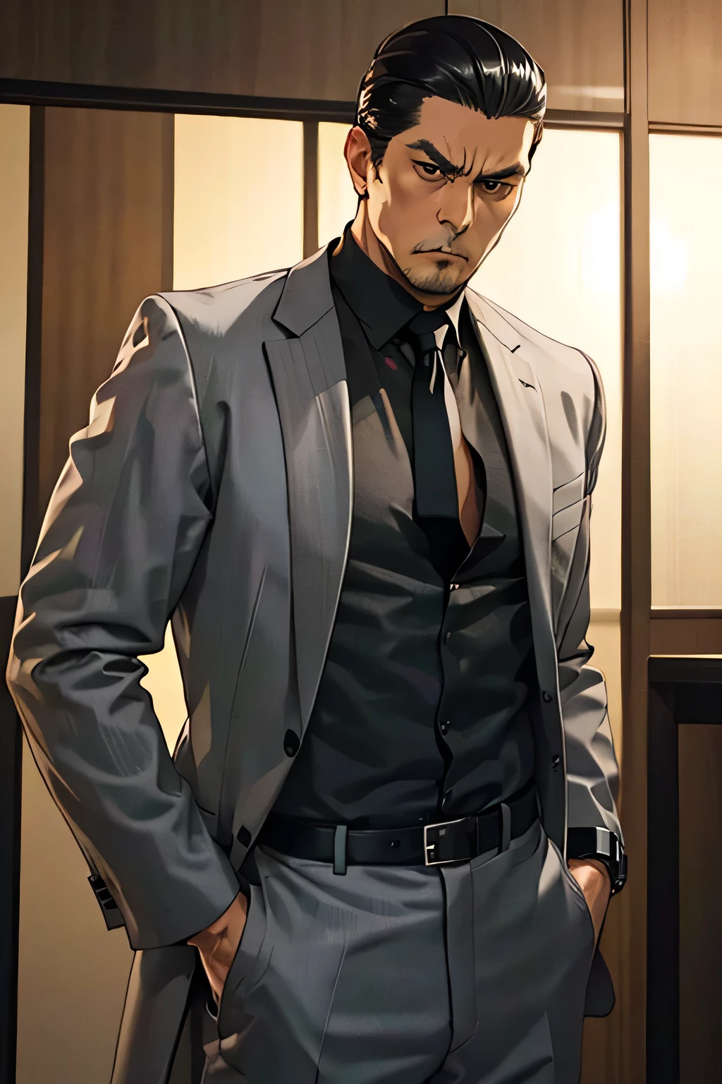 Top quality, detailed face, top quality, detailed illustration, 1 man, 40 years old, mature man, Japanese, yakuza, very sharp eyes, slicked back hair, black hair, muscular, black luxury suit, (gray shirt), black tie, luxury watch, ruthless expression, intimidating atmosphere