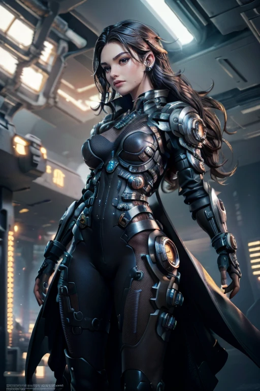  Woman futuristic costume ,  black hair , cyberpunk, magnificent anatomy ,  Dynamic Pose , face to the camera,  gears and bolts ,  mechanical engineering ,  composition epic character,  Natural lighting,  sharp focus,  ultra resolution , bottomless. 