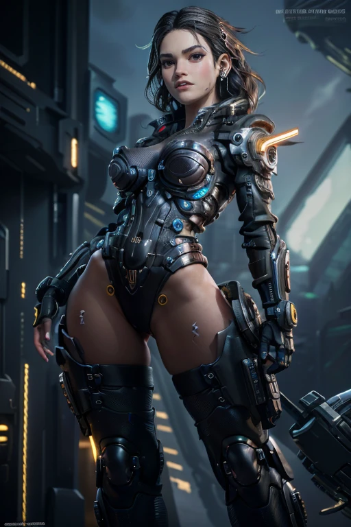  Woman futuristic costume ,  black hair , cyberpunk, magnificent anatomy ,  Dynamic Pose , face to the camera,  gears and bolts ,  mechanical engineering ,  composition epic character,  Natural lighting,  sharp focus,  ultra resolution , bottomless. 