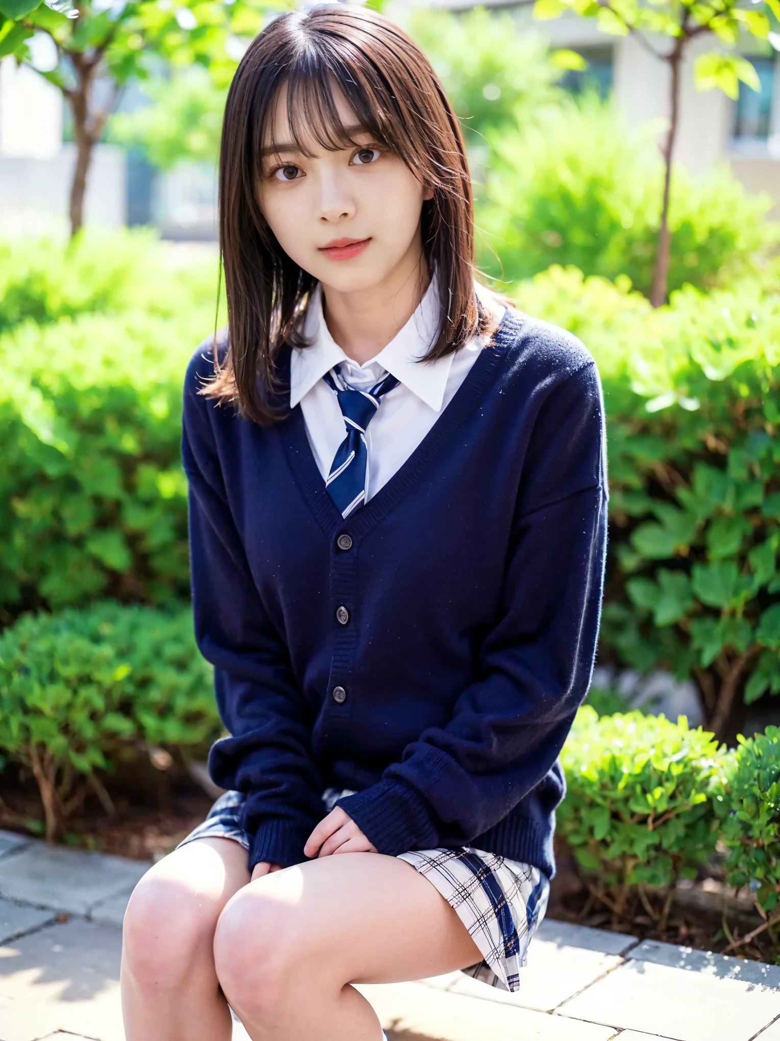 (8k、 RAW Photos、 High Quality、 High Quality、Impressive:1.2)、( real、 real)、 1 girl、((blue and white check miniskirt、High School Uniform、Collared Y-shirt、tie、Navy Socks、 Loafers、 medium hair、black、Thin legs、garden、 facing the front 、 stand with your hands on your lower back))、cute、 highly detailed face、 Highly Detailed Lips、 detailed eyes on board、double eyelid、 ecstatic expression、 expression feeling 、 sensual expression、classroom、