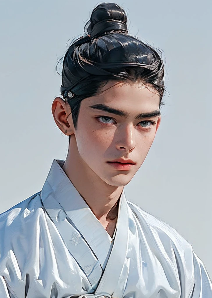 Masterpiece,best quality,1 male,ultra realistic,ultra-detailed,(beautiful detailed face and eyes and hair:1.1,handsome,mature,muscular,sharp eyes,datailed face,twink, handsome, topknot, white hanbok,little sad,sky gradation background