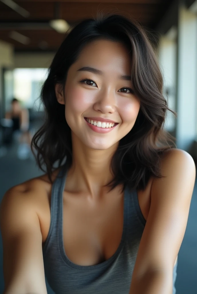 ((Highest quality、8k、Best image quality))、Japanese、A kind smile、バリキャリ女子、Brown Hair、Thin lips、Double eyelid、Beautiful, vibrant woman、Age 25、(Cleavage:1.1)、Yoga vest that doesn't emphasize the chest、Spectacular lighting、(sexy:1.2)、(sexy、The sportiest atmosphere:1.2)、(Gym:1.1)、室内Gym:1.1)、Glowing Beautiful Skin、Ultra HD Beauty、Long eyelashes、Natural Makeup、Ultra HD Hair、Ultra-high resolution eyes、Ultra-high resolution glossy lips、Glowing, beautiful skin、White yoga shorts、Exposing the belly、Cleavage、Arm hair growth、Dimples