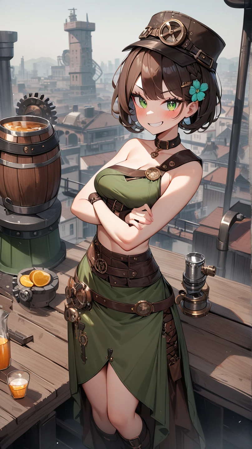 masterpiece, top-notch quality, high quality. (Steampunk colors), Industrial tone, ****, 1girl, goggles, urban rooftop, smirk, solo, braided hair, leather corset, brown hair, copper dress, metal table, chimney, gears, looking at viewer, noon, hazy sky, cogwheel hairpin, mechanical parts, bare midriff, iron table, amber eyes, blush, cleavage hint, oil can, smog clouds, gray sky, cityscape, breasts, hair wisps, flask, tankard, grin, smokestack, leather hat, arms crossed, bolt, pigeon, backrest, teeth, metal chair, gears flower, water pipe, drink, lemonade in flask, spring, ear cuffs, standing, green eyes, sharp focus, buckles, one-shoulder, footrest. [Artists: SteampunkVisionary, GearCrafter, IndustrialArtist]