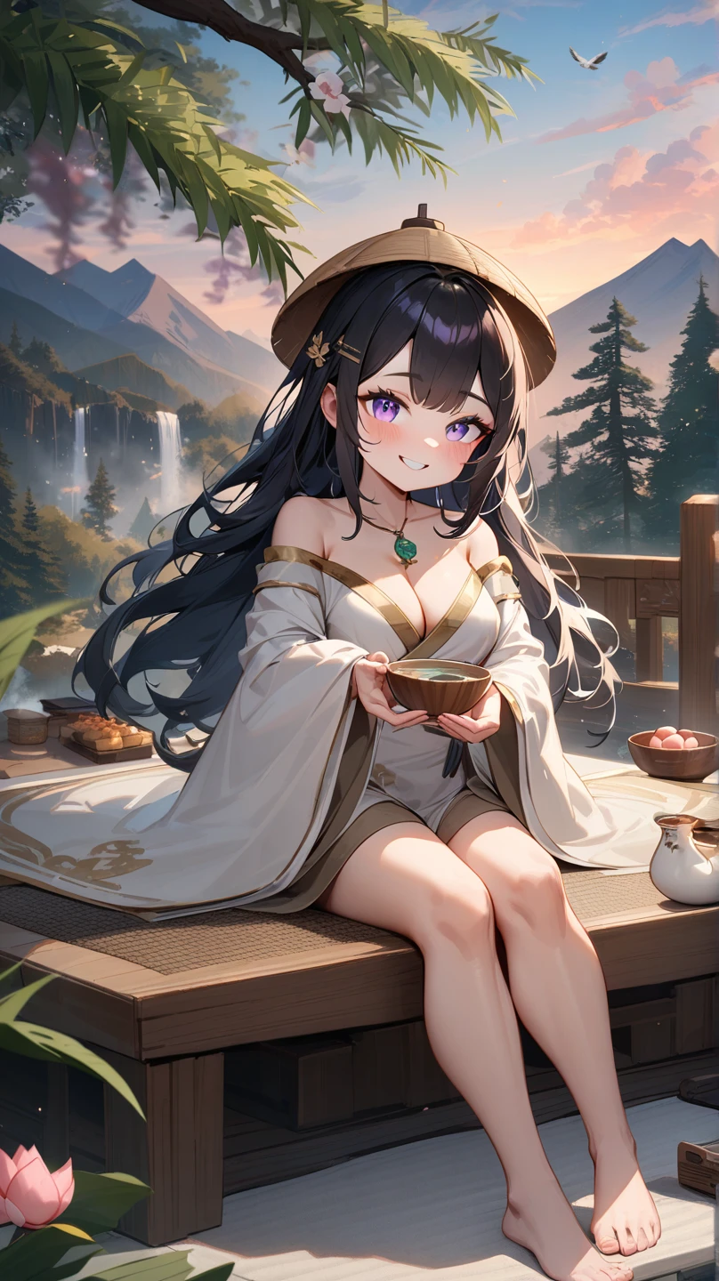 masterpiece, excellent quality, high quality. (Soft earth tones), Serene tone, ****, 1girl, hairpin, mountain temple, gentle smile, solo, flowing hair, silk robe, black hair, white robe with gold trim, stone table, ancient pine tree, crane, looking at viewer, dawn, rosy sky, jade pendant, delicacies, bare shoulders, wooden table, purple eyes, blush, modest cleavage, peach, wispy clouds, blue sky with pink hues, mountain range, breasts, hair curtain, teacup, bowl, grin, waterfall, bamboo hat, hands in sleeves, plum blossom, sparrow, cushion, teeth, bamboo chair, lotus, spring water, drink, herbal tea, leaf fan, sitting cross-legged, blue eyes, hazy focus, ruffles, off-shoulder, meditation mat. [Artists: ImmortalBrushstrokes, CelestialArtist, EtherealCreator]