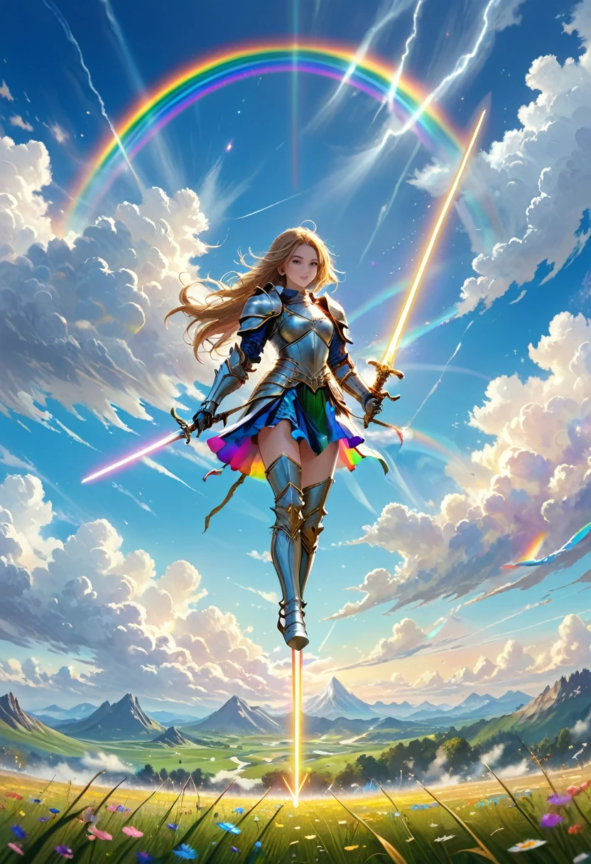 It's jumping over a beautiful meadow、 Expanding Blue Sky and Rainbow Clouds 、level flight、 fantasy girl knight , silver、 Plastic Armor 、gold、Plastic rapier 、 the rainbow spectrum emits light from a thin sword、 Ride the rising air stream 、Grassland on the horizon 