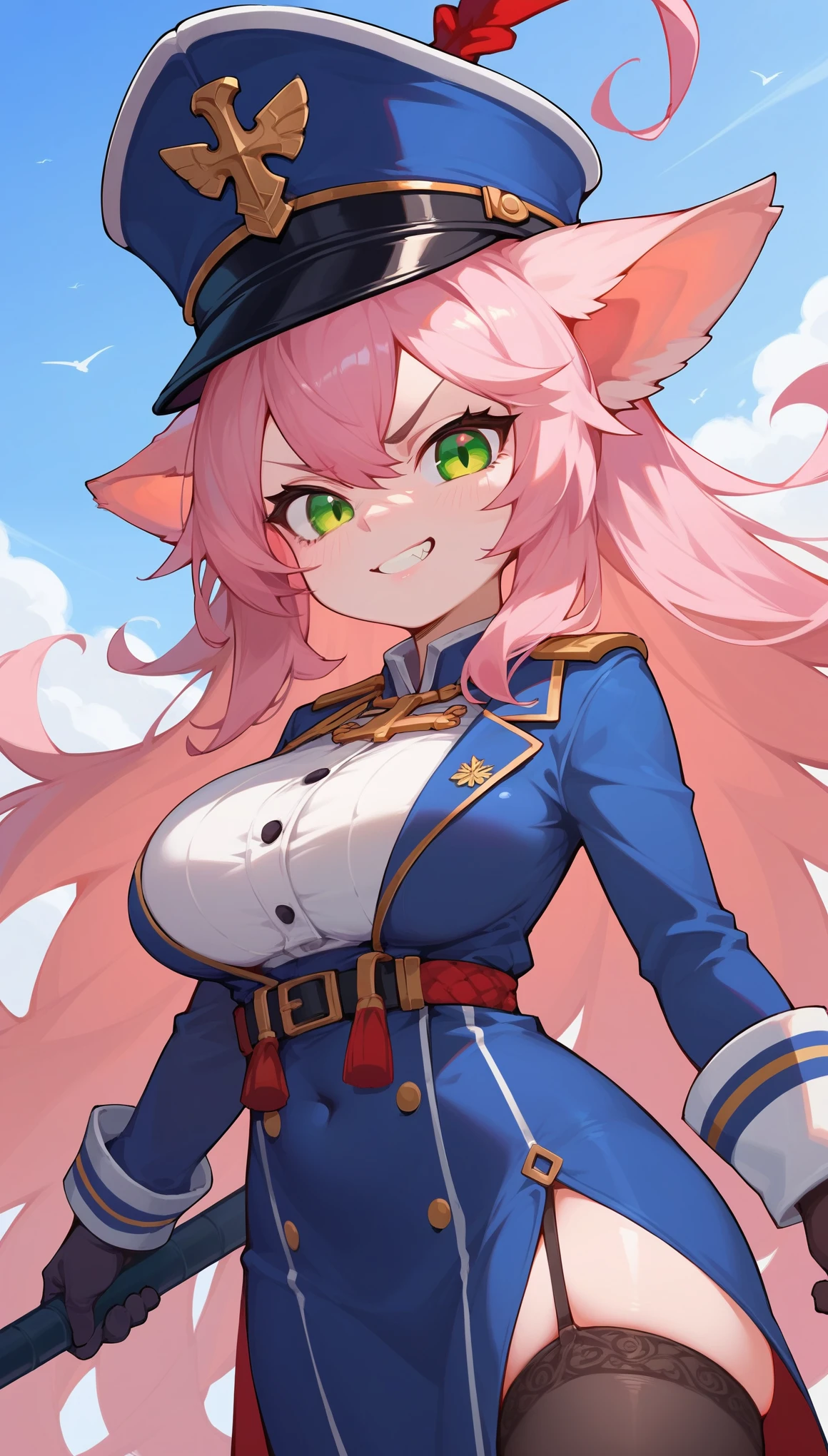 One Woman, fleet admiral, Big Breasts. Pink Hair, Long Hair, Ahoge, angry expression, Serious expression, Green Eyes, smile, Small eyes, Droopy eyeature, lulu, yordle, Black Admiral outfit, Admiral cap, Short Stack, warship, war time, battlefield background