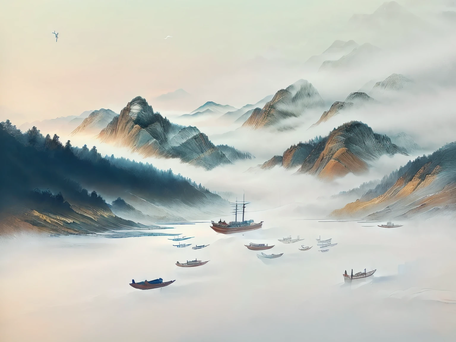 There is a photo of the mountains， in the foreground is a lake ,  There is a small red boat in the lake in the distance，mountains in Fog background,  Abstract natural landscape , Detailed view - width 672, Mountains in the background, Misty background , Misty mountains, Mountain background, Mountain background, Mountain background, Landscape background,  Floating mountains , Lake Background, water mist, Fog background, Water mist, mist， majestic，The fairy spirit is ethereal ，classical boat，A hundred boats compete for the current，Noisy ，There are birds flying in the air