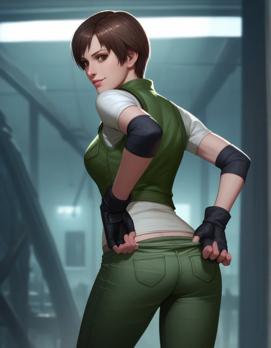 score_9, score_8_up, score_7_up, score_6_up, score_5_up, score_4_up, source_anime, realistic, photoshop \(medium\), 1girl, Rebecca Chambers, brown eyes, fingerless gloves, pant pull, from behind
, indoors, decrepit mansion, main hall, darkness, at night, dark, soft smile, looking at viewer, nsfw