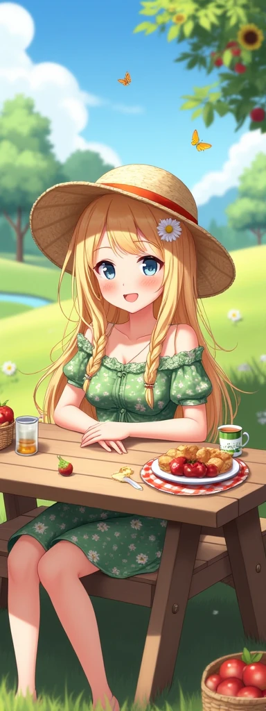 masterpiece, superior quality, high quality. (Pastoral colors), Warm tone, li, 1girl, straw hat, countryside meadow, sweet smile, solo, loose braids, floral dress, blond hair, green dress, wooden picnic table, apple tree, looking at viewer, afternoon, clear blue sky with clouds, daisy hair clip, homemade treats, bare calves, checkered tablecloth, blue eyes, blush, modest décolletage, apples, puffy clouds, light blue sky, farmland, breasts, hair wisps dancing, mason jar, enamel cup, grin, creek, wicker basket, elbows on table, wildflower, butterfly, cushion on grass, teeth, wooden bench, sunflower, fresh water, drink, apple cider, gingham ribbon, sitting, brown eyes, soft focus, ruffles, off-the-shoulder, patchwork rug. [Artists: CountrysideCharm, RuralArtist, PastoralCreator]