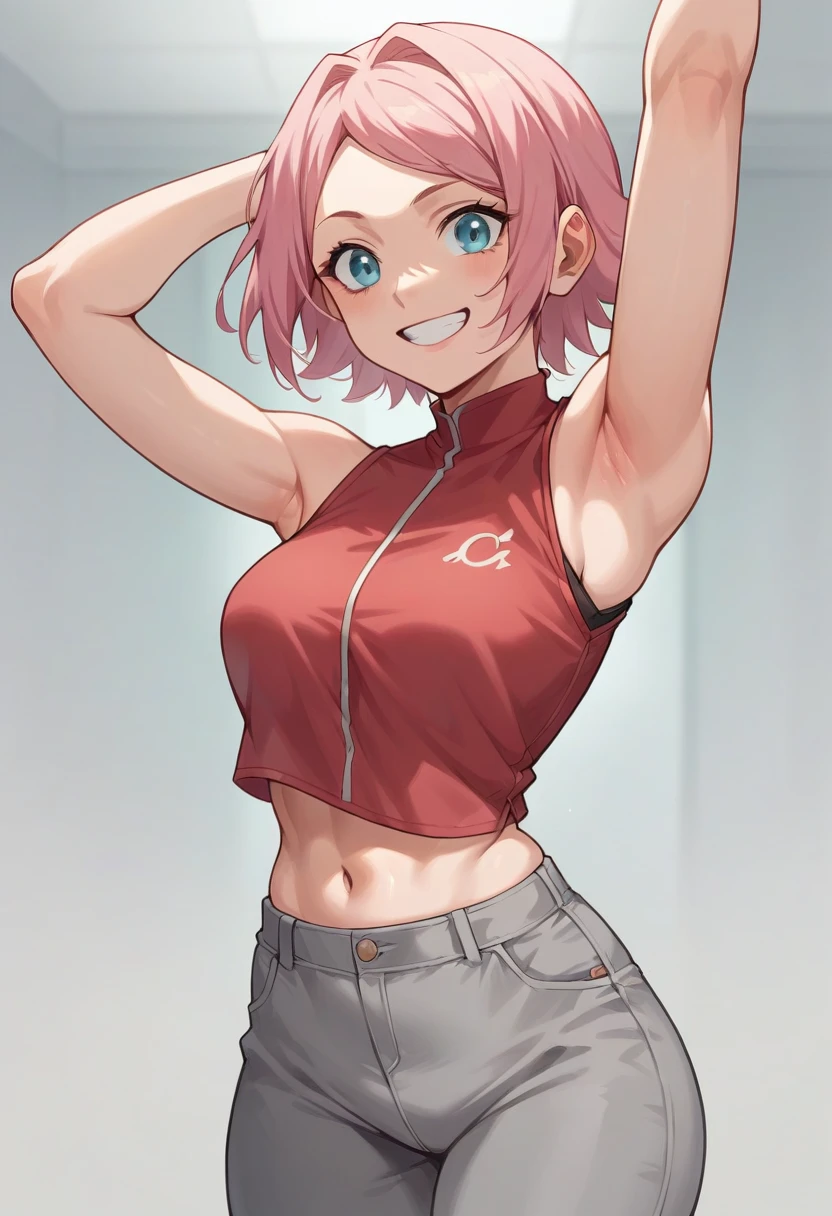  Sakura Haruno Adult version , short pink hair ,  well detailed and profiled blue eyes ,  sleeveless red shirt arms up you can see your blue your short shirt you can see your navel,  gray pants High resolution ,  looking at the spectator , smile, necessary,  masterpiece , HD model,  