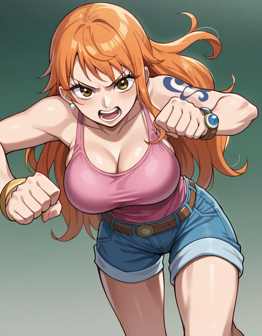 score_9_up, best quality, source_anime, 1girl, anime, Nami, orange hair, sexy, looking at the viewer, PINK tank SHIRT, arms, shorts, punching