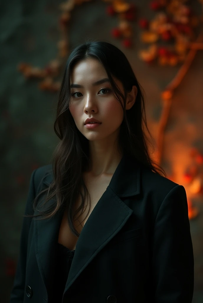 (1 girl), beautiful, Amazing face and eyes, cosmetic, (Extremely delicate beautiful face), (The sexiest look), (beautiful big breasts:1.1), (best quality:1.4), (Ultra Detailed), (Extremely detailed CG unified 8k wallpaper), Very detailed, original photo, Professional photography, ((Business suit)), (tight skirt), (Open collar business shirt), outdoor, ((Night Forest)), (Night Sky), Depth of Field, (View from below),