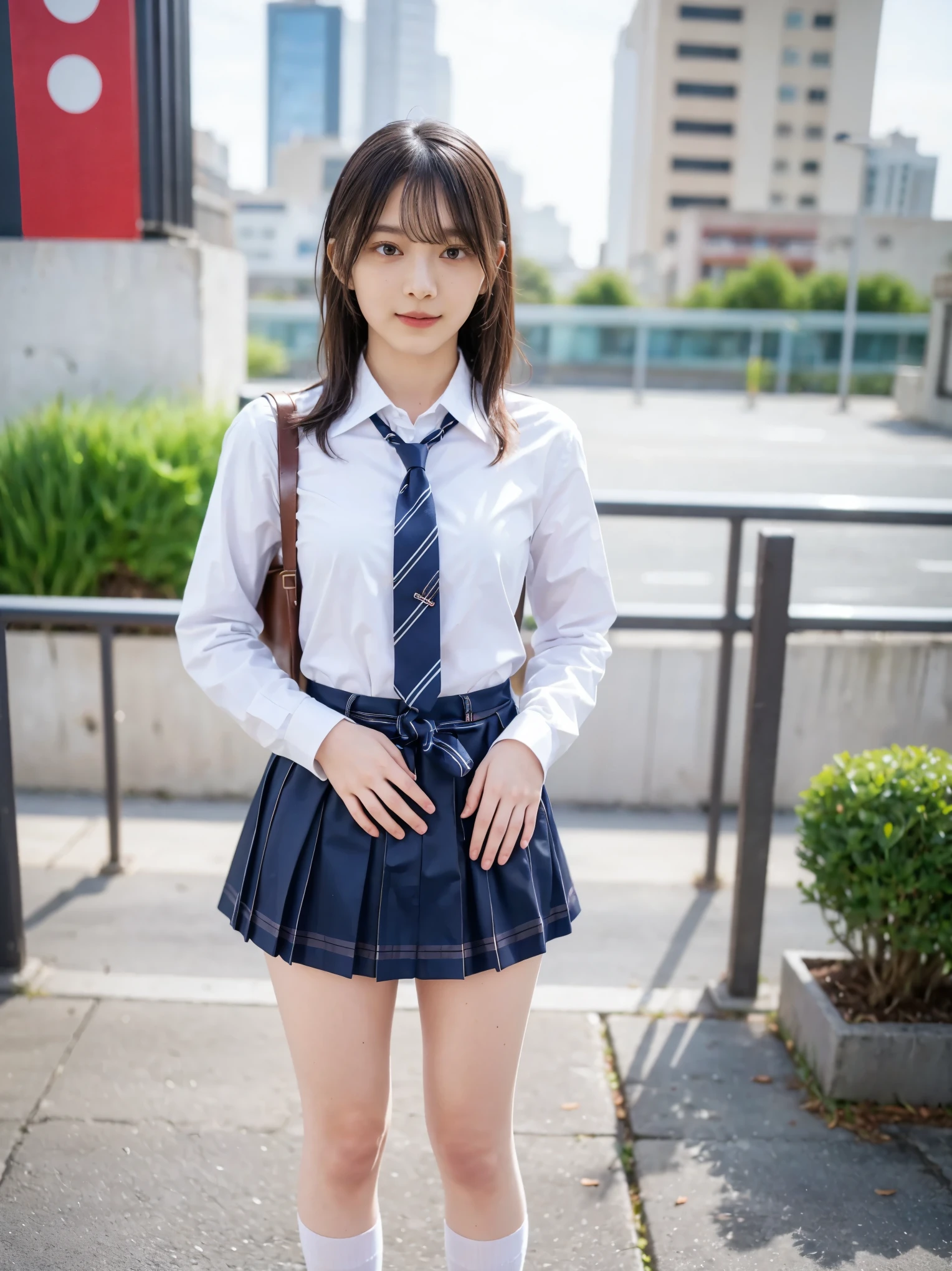 (8k、 RAW Photos、 High Quality、 High Quality、Impressive:1.2)、( real、 real)、 1 girl、((blue and white check miniskirt、High School Uniform、Collared Y-shirt、tie、Navy Socks、 Loafers、 medium hair、Thin legs、Schoolyard、 standing facing the front 、 stand with your hands on your lower back))、cute、 highly detailed face、 Highly Detailed Lips、 detailed eyes on board、double eyelid、 ecstatic expression、 expression feeling 、 sensual expression、