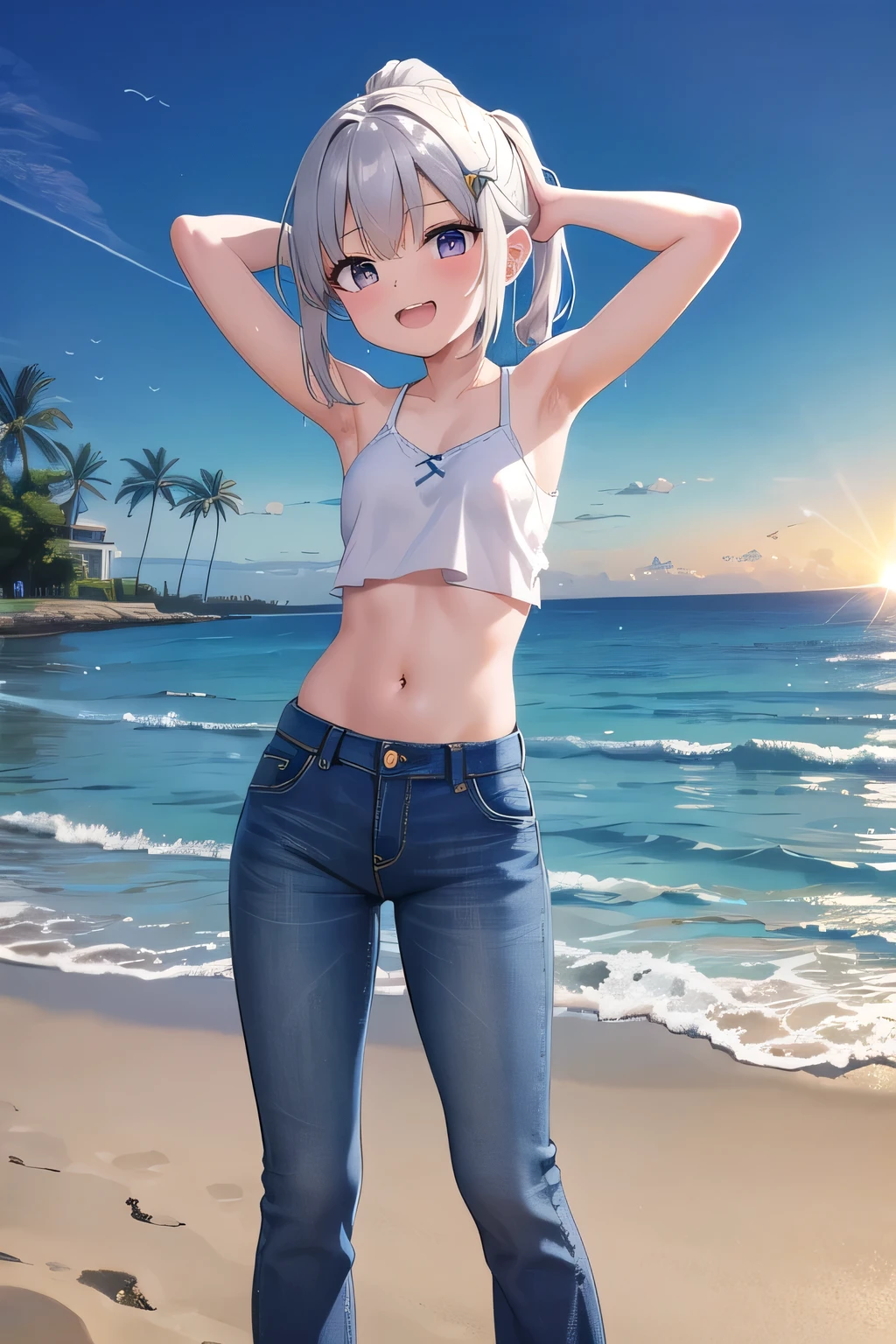 masterpiece,best quality,ultra detail,1girl, 14yo,petite,Laugh happily,background((under the beach, sunrise time, under sand beach, bright sky)), cloud, beautiful silver ponytail hair, hair ornament, x hair ornament,Raise your arms and bring them behind your head,White teeth, White tank Top, undressed, cropped top, jeans, blue pants, (flares jeans 1:1), blue jeans, standing sexual pose, (legs spread:3:1), orgasm, wetting jeans, wetting herself