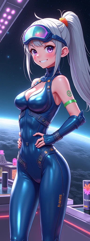 masterpiece, premium quality, high quality. (Metallic colors), Futuristic tone, ****, 1girl, visor, space station, confident smile, solo, sleek ponytail, shiny bodysuit, silver hair, blue bodysuit, holographic table, energy conduit, looking at viewer, midnight, star-filled void, neon hair accessory, energy cubes, bare arms, glass table with holograms, purple eyes with glow, blush, slight cleavage, power cells, nebula clouds, black sky, space panorama, breasts, hair strands floating, energy drink can, high-tech mug, grin, spaceship glow, futuristic helmet, hands on hips, robotic bird, support beam, teeth, metal bench, digital flower, recycled water, drink, nutrient fluid, data chip, standing, green eyes with data stream, sharp focus, high-tech straps, one-shoulder exposed, anti-gravity pad. [Artists: SciFiVanguard, FutureTechCreator, GalacticArtist]