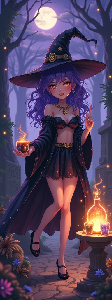 masterpiece, outstanding quality, high quality. (Eerie colors), Mysterious tone, ****, 1girl, magic hat, enchanted forest at night, sly smile, solo, curly hair, velvet cloak, purple hair, black cloak with stars, ancient altar, magic tree, looking at viewer, twilight, starry sky with a moon, magic amulet, potions, bare wrists, stone table with runes, golden eyes, blush, alluring cleavage, crystals, smoky clouds, purple sky with sparks, magical realm, breasts, hair strands glowing, magic flask, goblet, grin, magical fire, wizard hat, hands in spell pose, firefly, magic staff, teeth, carved chair, magic flower, enchanted water, drink, magical elixir, magic gem, standing, blue eyes with a hint of magic, hazy focus, frills with magic runes, off-shoulder, magic carpet. [Artists: MysticVisionary, EnchantedArtist2, MagicalCreator]