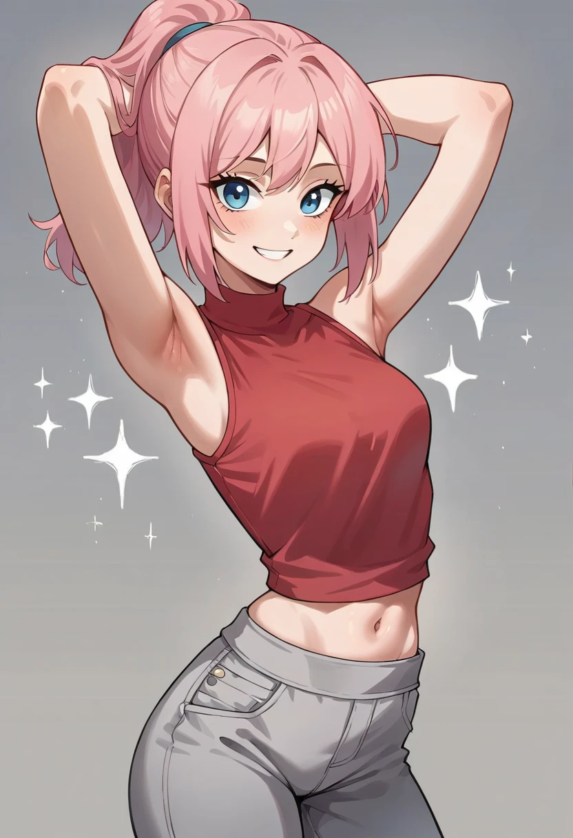  Sakura Haruno Adult version , short pink hair ,  well detailed and profiled blue eyes ,  sleeveless red shirt arms up you can see your blue your short shirt you can see your navel,  gray pants High resolution ,  looking at the spectator , smile, necessary,  masterpiece , HD model,  