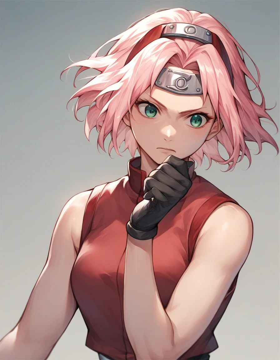 BREAK, source_anime,
1girl, haruno sakura, pink hair, short hair, green eyes, sleeveless, red shirt, forehead protector, beautiful legs, black gloves, beautiful body, konohagakure background, figthing pose, arms