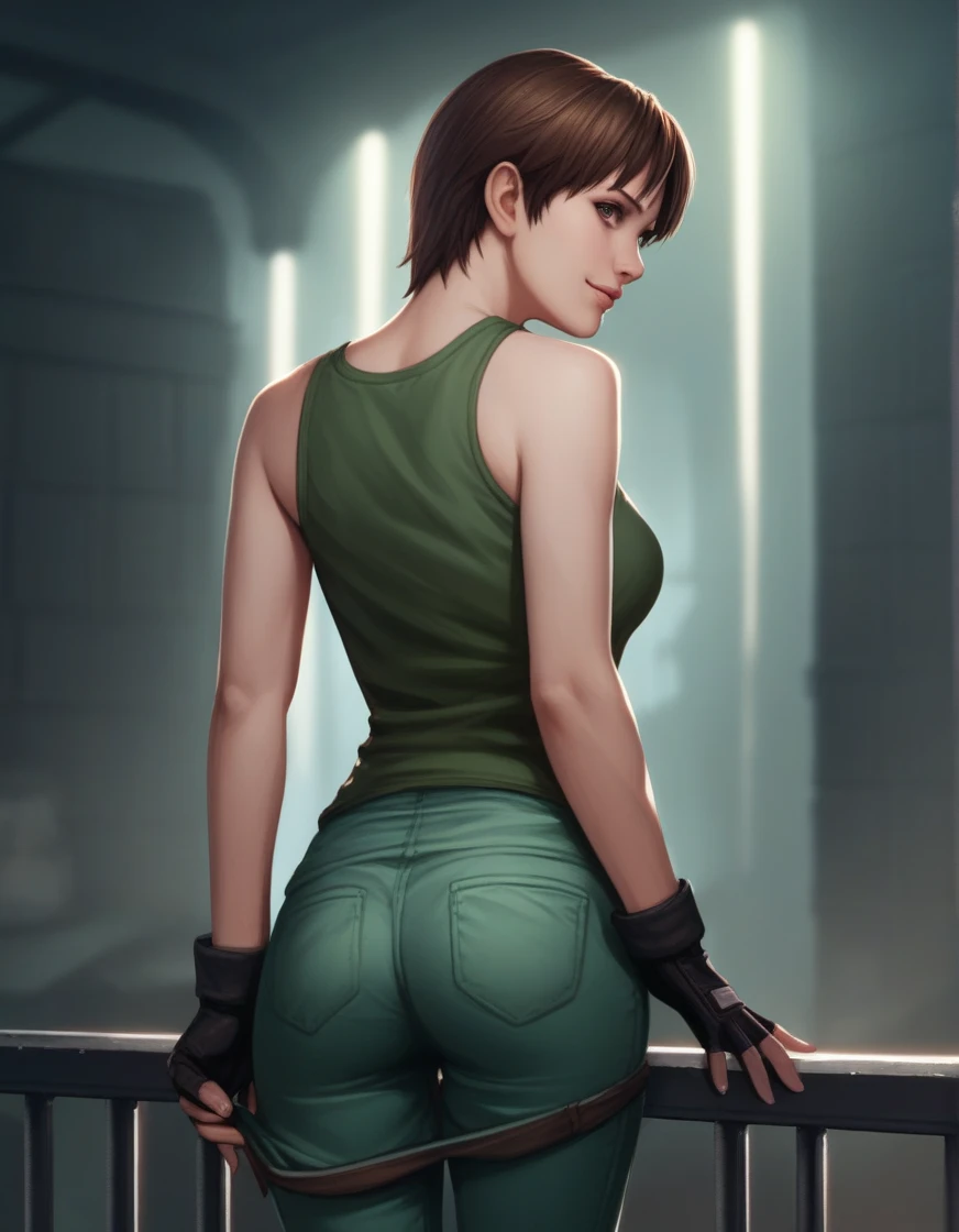 score_9, score_8_up, score_7_up, score_6_up, score_5_up, score_4_up, source_anime, realistic, photoshop \(medium\), 1girl, Rebecca Chambers, brown eyes, fingerless gloves, pant pull, from behind
, indoors, decrepit mansion, main hall, darkness, at night, dark, soft smile