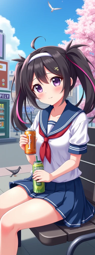 masterpiece, top quality, high quality. (Bright anime colors), Energetic tone, ****, 1girl, headband, anime city street, cheerful smile, solo, twin tails, school uniform, black hair with pink highlights, white and blue uniform, vending machine, sakura tree, looking at viewer, morning, clear blue sky with a few clouds, anime hair clip, snacks, bare knees, metal bench, purple eyes with sparkles, blush, cute cleavage, manga books, fluffy clouds, light blue sky, cityscape with anime billboards, breasts, hair strands flying, canned drink, anime mug, grin, anime storefront, anime hat, hands holding bag, pigeon, bench backrest, teeth, plastic chair, anime flower, bottled water, drink, ramune, anime keychain, sitting, green eyes with anime design, sharp focus, ruffles on skirt, off-shoulder top, anime cushion. [Artists: AnimeMaster, MangaCreator, KawaiiArtist]