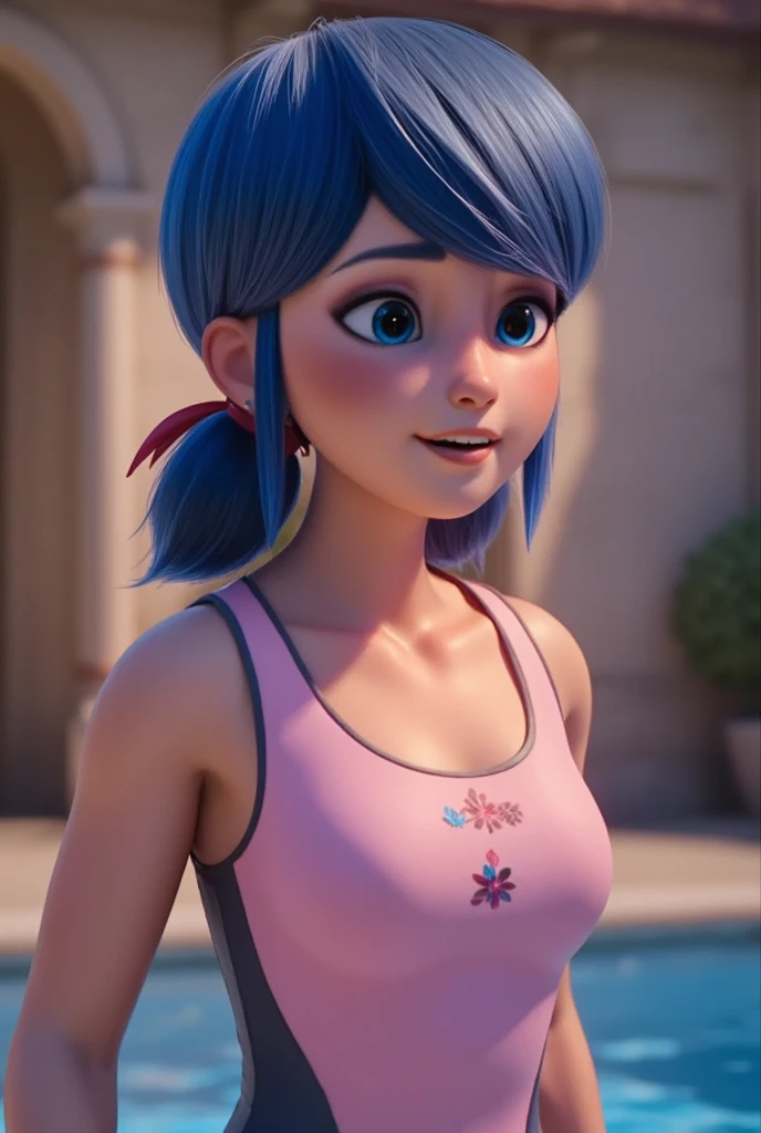  girl, Marinette Dupain-Cheng, wearing a pink and blue one piece swimsuit, blue light eyes, dark blue hair, in a school pool in paris, detailed face, detailed eyes, detailed hair, detailed swimsuit, realistic, photorealistic, 8k, masterpiece, intricate details, vibrant colors, natural lighting, beautiful scenery, outdoor, pool, teenage, school