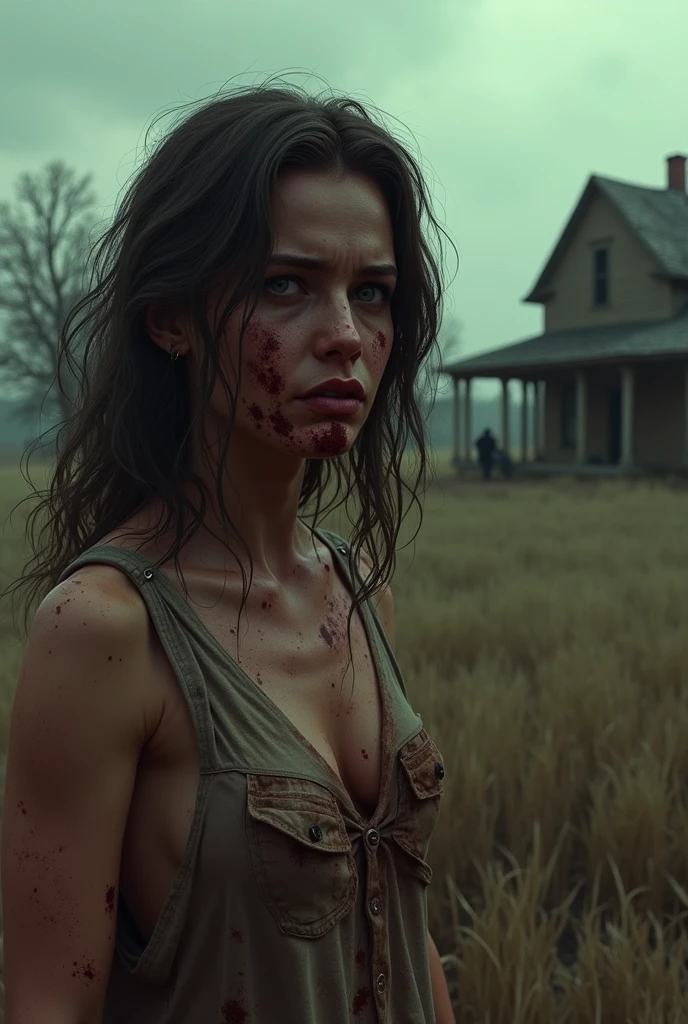 Zombie Tess of the d’Urbervilles, Tess Darbeyfield, Thomas Hardy novel Tess of the d’Urbervilles, ((a skinny malnourished 18 year old Nastasia Kinski lookalike as ((a ravenous white-eyed blood-soaked zombie)), she’s ((barely clothed now in rags, her clothes barely cover her, the clothese are bloody rags that were once mid-19th century Dorset peasant clothes that are ((much too small and are ill-fitting, woolen underwear bloomers filled with holes, a small dirty bloody apron, a laced bodice covering and lifting up a beautiful pair of small breasts)))), ((very skinny arms and legs)), ((thigh-gap)), ((large dark woolen shawl)), ((barelegged, bare-armed)), (dirty clothes), (dirty bloody skin, cuts and bruises)), dirty greasy hair, (neglected regality), Wessex, mid-nineteenth century Dorsetshire southwest England countryside, ((a huge decrepit wooden early-19th-century-cart)), sheep, aged decrepit ancient agricultural cart path,