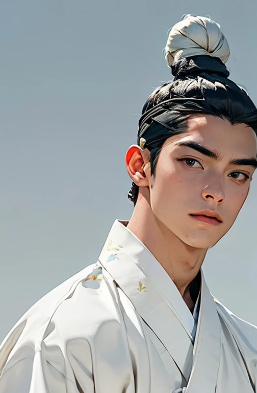 Masterpiece,best quality,1 male,ultra realistic,ultra-detailed,(beautiful detailed face and eyes and hair:1.1,handsome,mature,muscular,slanted eyes,datailed face,handsome, topknot, white hanbok,little sad,sky gradation background