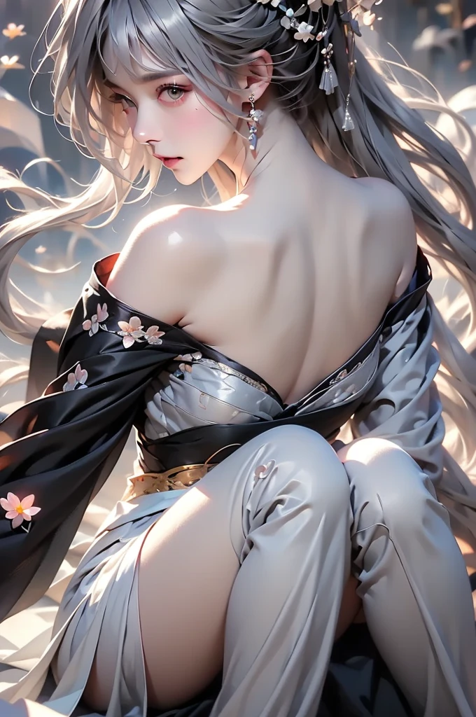 ((Above the knee images:1.3))  super quality , masterpiece, Perfect illustration,  very detailed (Beautiful light and shadow, Very dramatic photo,Backlight) , ((Grey Hair:1.5)) 1 girl,(( Alone:1.6)), (wearing Hanfu, Black Hanfu,Monotony, Long Sleeve 、  gorgeous costume 、Highly decorated Hanfu) Flower Field, flower, (white smoke:1.3) (Realistic:1.4), Zen Intertwining, [    "Intertwined, Official Art,  Unity 8K Wallpaper ,  very detailed,  beautiful and beautiful , masterpiece, Best Quality, ( dynamic angle : 1.4),   glowing skin  , (Colourful Flashes Emerging : 1)  Most Beautiful Chaotic Shape ,  elegant,  Brutalism Designs ,  bright colors,  Romantic Depth of Field Exoticism_dance, half_naked、Shoulder、 plump breasts 、 great cleavage 、 Dynamic Poses 、Backlight,((From the back))
