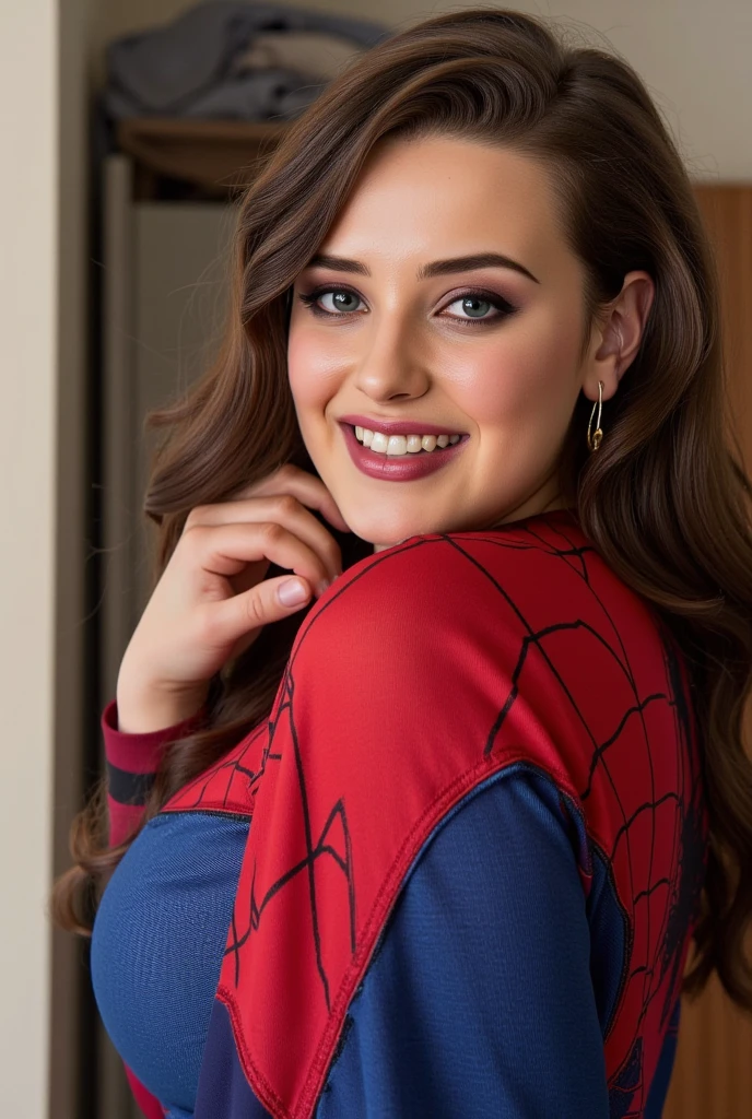 Hyper-realistic and detailed full-body Longford photo wearing the Spider-Man outfit, looking at yourself in your bedroom mirror with a smile in a sensual pose .  perfect eyes, ( eye makeup  :1.1), (detailed skin:1.1), (perfect large ), CRU, analog style, sharp focus, 8K UHD, dslr camera,  high quality, Fujifilm XT3, grain, awarded, masterpiece.