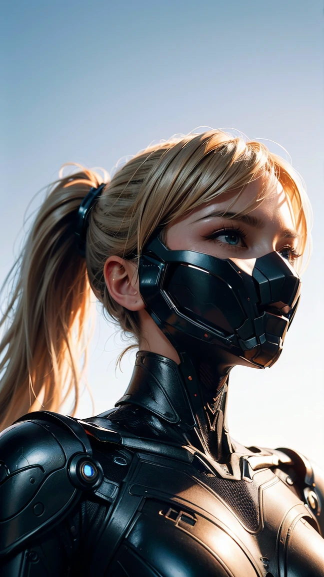 (masterpiece:1.2, Best Quality ),  professional realistic image  ,  Clear Images  ,  beautiful sophisticated hairstyle  , Facial beauty,  Attention to Beautiful Details  , Beautiful fingers ,  perfect style , one woman, 20 years old, Detailed lips, SharpEye , (White Leather Suit ､Tron Fashion､ Black mask shield ,  black choker,  Combat-focused design  )), Futuristic Ruined City ,A huge spaceship is floating in the sky, (  blonde ponytail :1.5 Neon:1.2), Bad boy ,Look at me with cold eyes, ( composition looking up from below :1.6),  Clear Images 