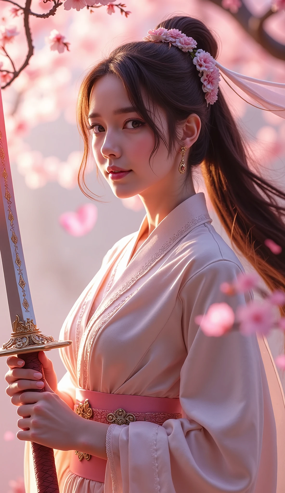 A beautifully crafted fantasy scene of a graceful woman holding a long, radiant katana surrounded by drifting cherry blossom petals. The woman has an elegant, calm expression, and she is dressed in a flowing, traditional yet fantasy-inspired attire with intricate patterns and subtle armor details. The katana she holds gleams with a soft, magical aura, and its blade is long, with detailed engravings and a polished, reflective surface. Soft, realistic lighting enhances the katana’s shine, casting a gentle glow on her face and attire. The background is filled with softly blurred cherry blossoms and a delicate breeze, creating an ethereal, serene atmosphere,