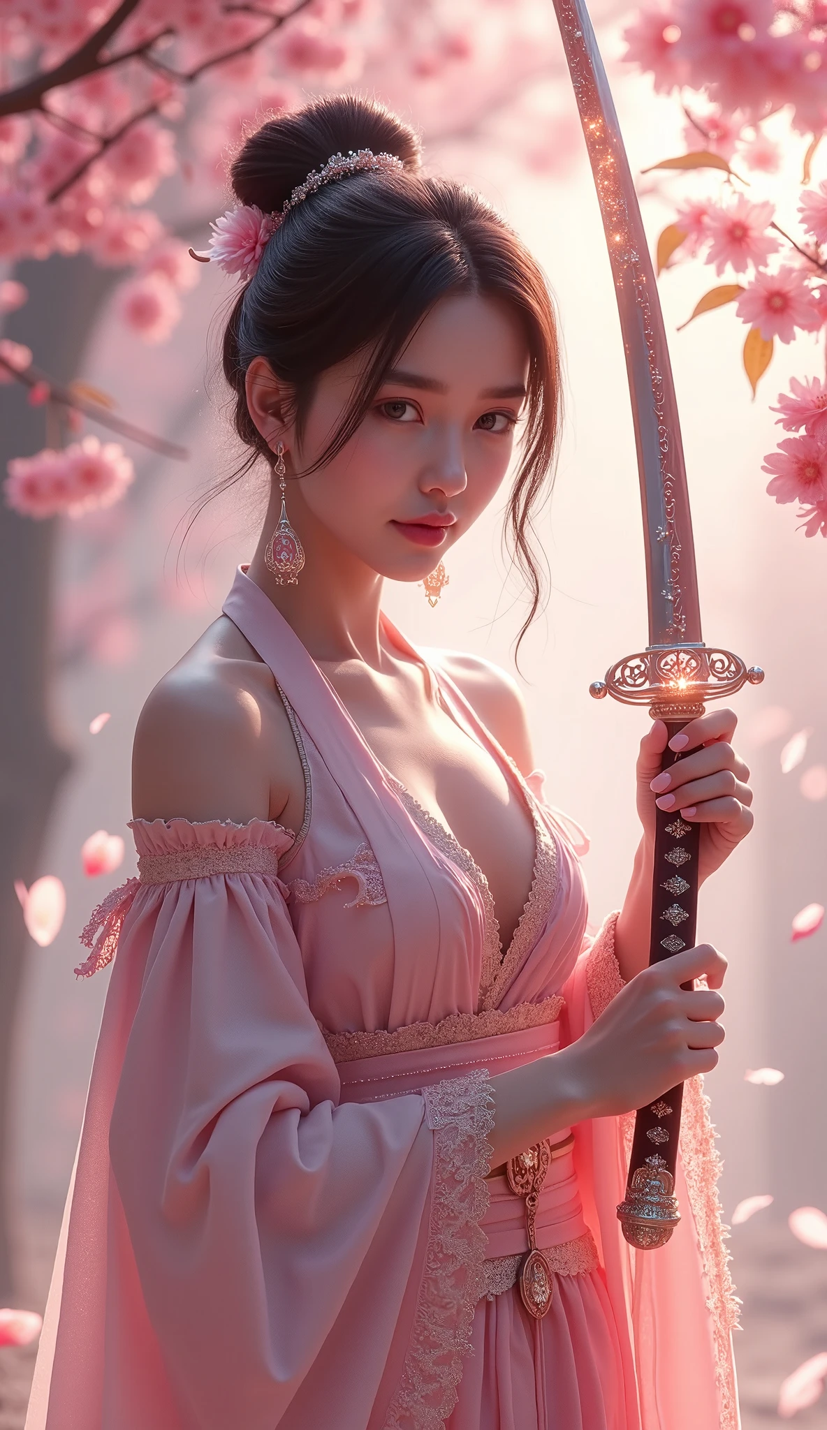 A beautifully crafted fantasy scene of a graceful woman holding a long, radiant katana surrounded by drifting cherry blossom petals. The woman has an elegant, calm expression, and she is dressed in a flowing, traditional yet fantasy-inspired attire with intricate patterns and subtle armor details. The katana she holds gleams with a soft, magical aura, and its blade is long, with detailed engravings and a polished, reflective surface. Soft, realistic lighting enhances the katana’s shine, casting a gentle glow on her face and attire. The background is filled with softly blurred cherry blossoms and a delicate breeze, creating an ethereal, serene atmosphere,