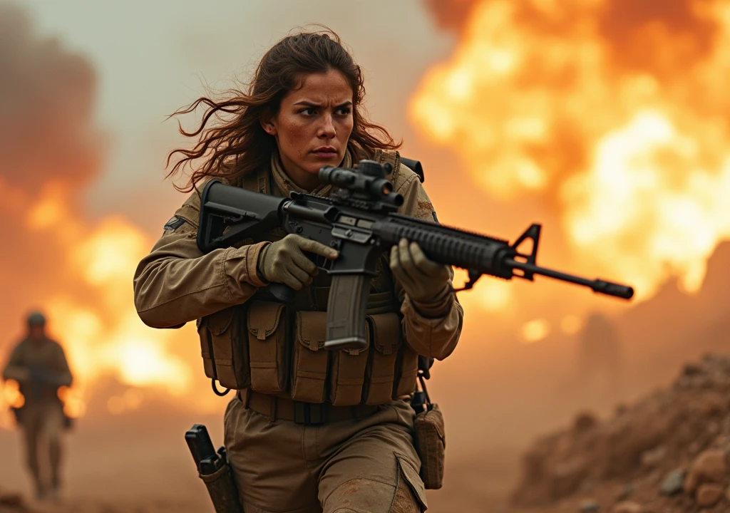 mujer , pelo negro, en bikini negro sosteniendo un rifle ,in firing position 1:4.(((cuerpo completo))), full body 1:4 , mechanized soldier girl, Military girl, hermosa soldado, personaje principal femenino, Infantry girl, de una chica francotiradora en la guerra, personaje femenino en solitario, equipo de combate futuro, disparo cuerpo entero , de primer plano, silencio de Metal Gear Solid V, with tactical equipment, dressed in tactical armor, Combat in a street at the morning, entorno de combate 1:4.,((( fuego))), (((humo))), explosiones,,escombros,,Destruction. Luz de dia
