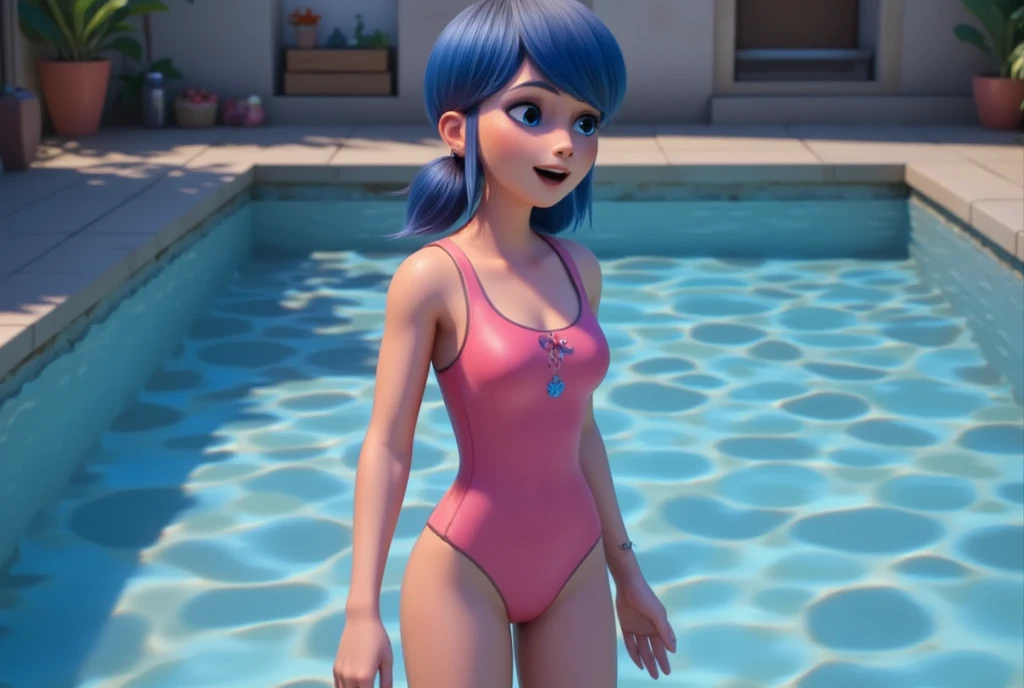 Light blue eyes, low Twintails, front hair left, one piece swimsuit, pink Swimsuit, teenage, thin arms, thin legs, looking back, pool, swimming, inside pool, happy, 1girl, solo, full body, Marinette Dupain-Cheng, Dark blue hair, standing, beautiful cute girl, 