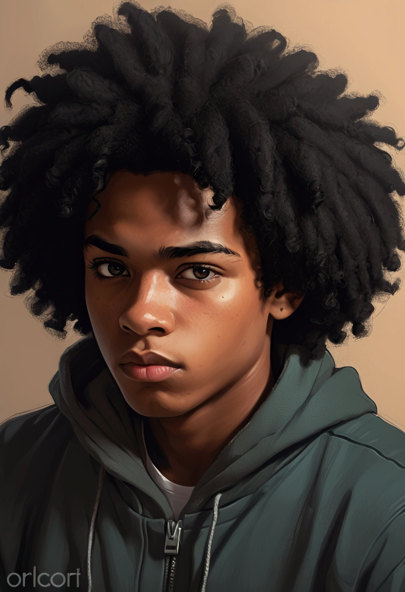 a drawing of a young man with a black hair and a hoodie, solo portrait 🎨🖌️, black teenage boy, digital sketch, digital drawing, detailed digital drawing, spiky black hair and dark skin, unrealistic character concept, colored sketch, afro, detailed character portrait, messy black hair, # 1 digital painting of all time