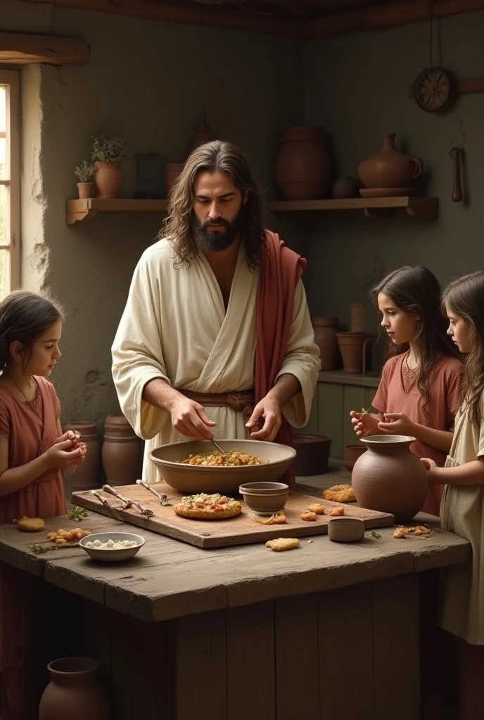 Jesus making food with a girl and a boy in a simple slum kitchen
