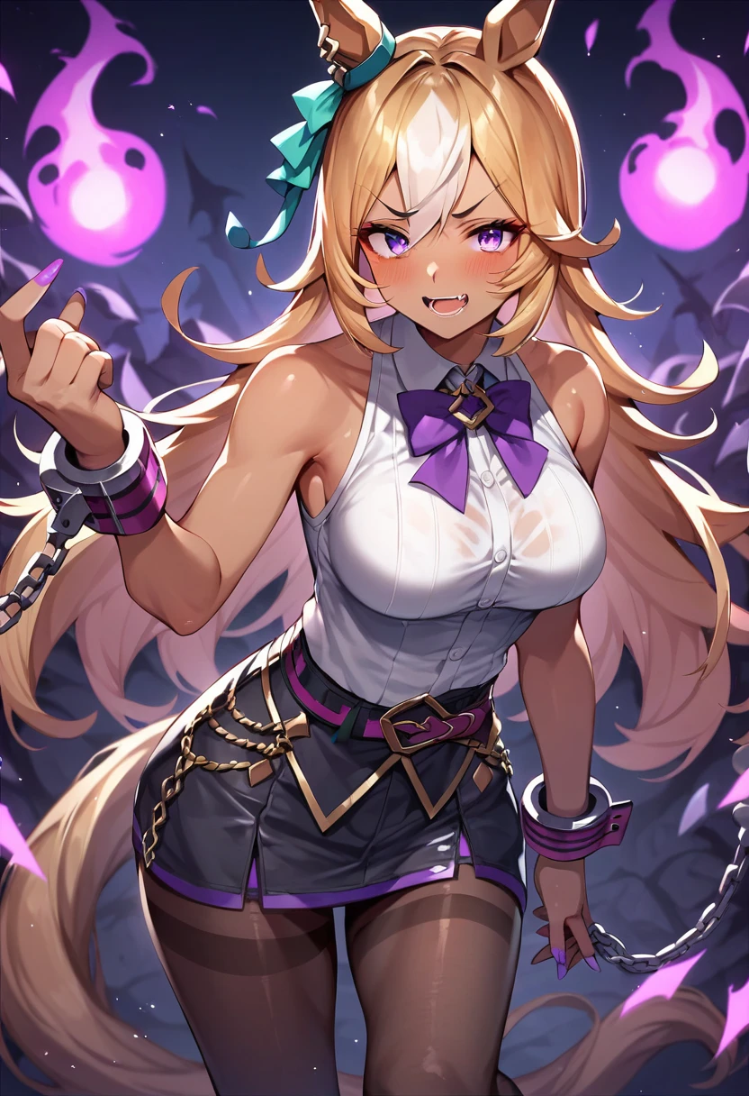 score_9. score_8_up. score_7_up, 1girl, umamusume, horse ears, horse tail, tan, slutty_clothes, corruption, corrupt_girl, gyaru, sleeveless,cuffs,tights dark theme, purple fogs